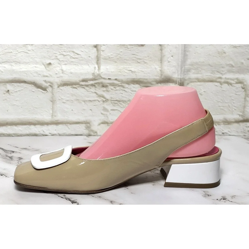 Ferca 81 Shoes Tan Beige Slingback Block Heel Tan White Size‎ (39) US 8-8.5
